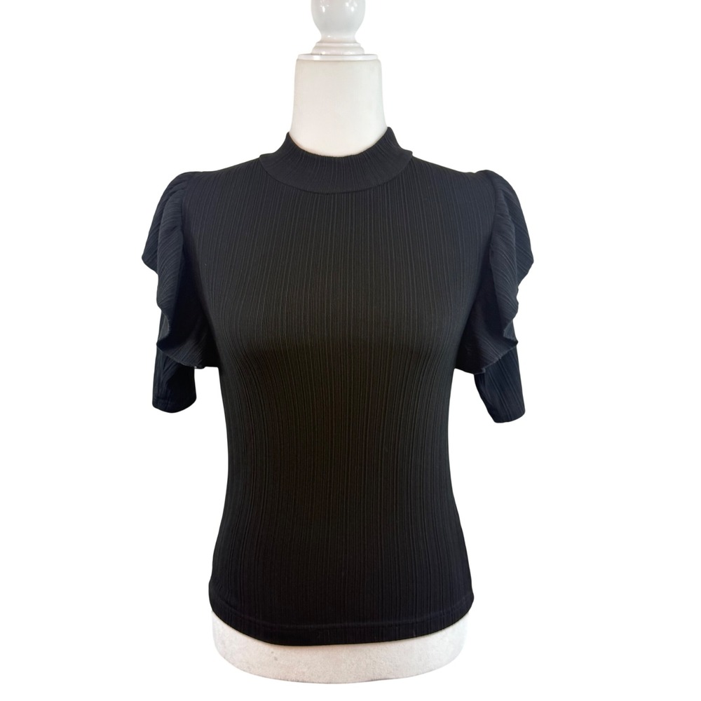 DOLAN Anthropologie Ruffle Sleeve Top S Black Ribbed Mock Neck Minimalist